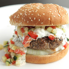 Burgers with Creamy Feta Sauce and Tomato-Cucumber Relish