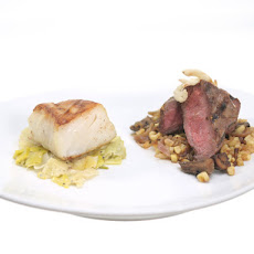 Surf and Turf in Herbed Red Wine Sauce with Buttery Mushrooms and Creamy Leeks