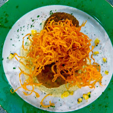 Smoked Shrimp Cakes with a Warm Fire-Roasted Remoulade and Sweet Potato Nests