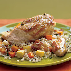 Herb-Basted Chicken with Pearl Barley, Bacon, and Root Vegetable Pilaf
