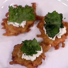 Crispy Potato Cakes with Farmer Cheese, Scallion, Black Pepper and Kale Chips