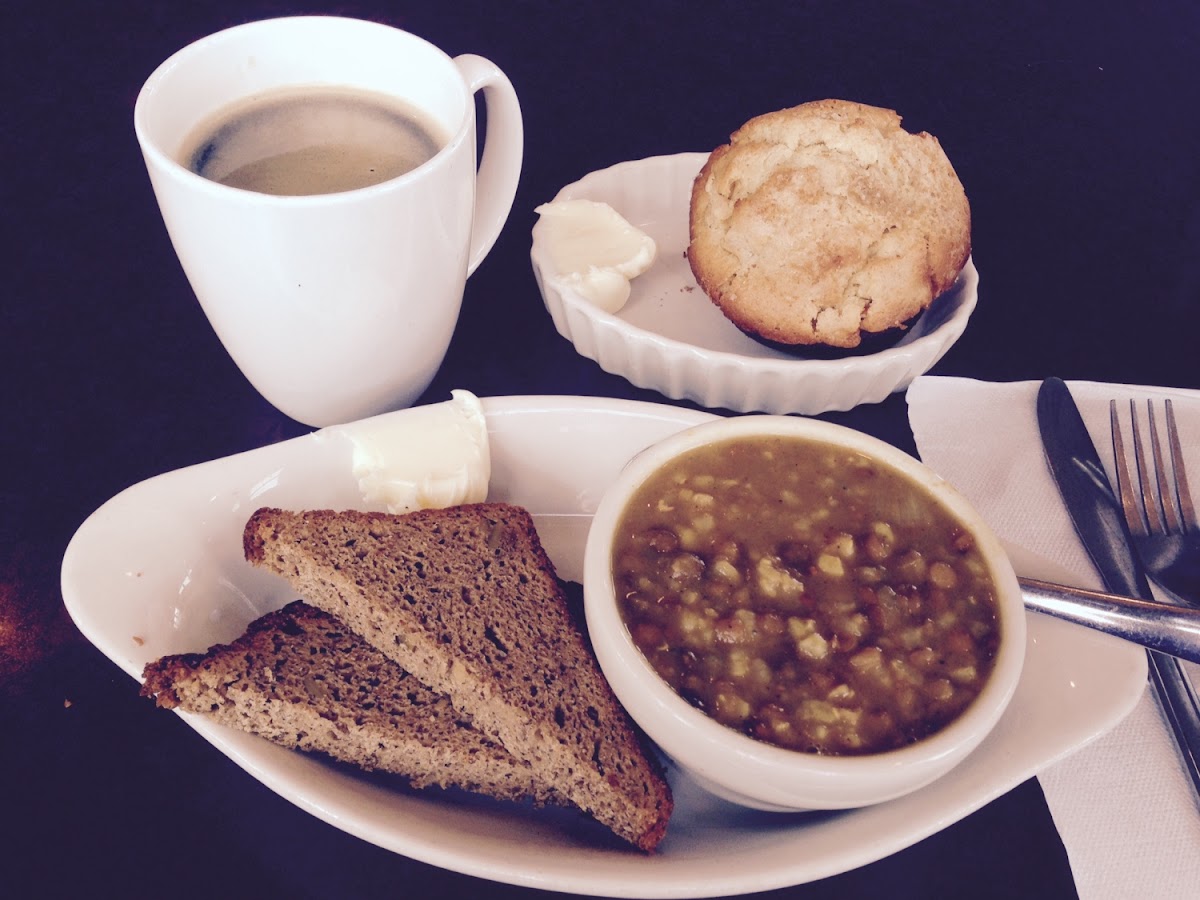 Cup of Curry Lentil and Rice Soup with GF Bread (Jensen's Bakery in Portland). GF Apple Muffin with 