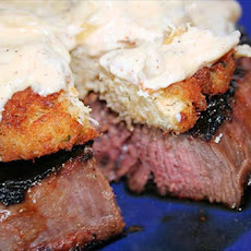 Grilled Beef Filet With Crab Cakes and Caramelized Onion Sauce