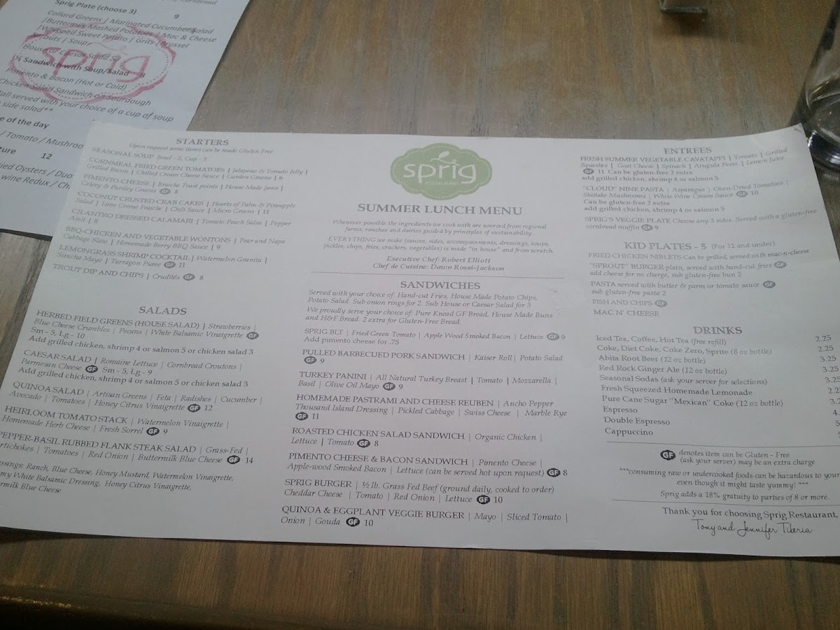 Sprig Summer 2013 lunch menu with GF labeled
