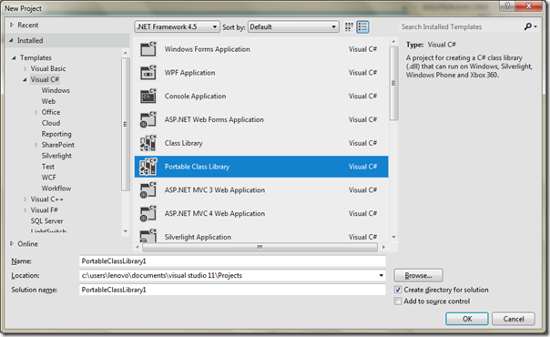 Visual Studio 2011 features - Project dialog Portable library