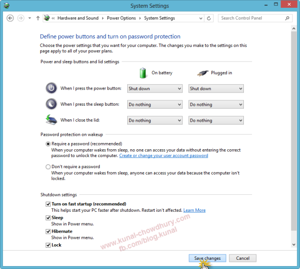 Save Settings to enable Hibernate option in Windows 8 Power Menu