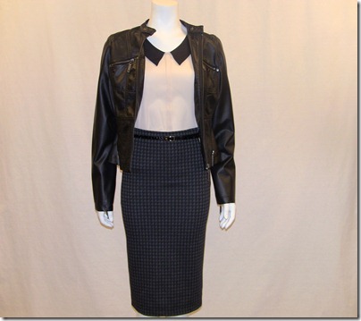 faux leather jkt $29.99 blouse $24 skirt $24 