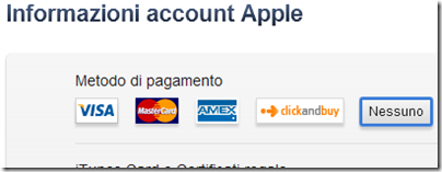Informazioni account Apple Metodo di pagamento Nessuno