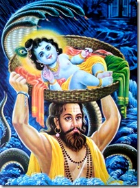 Vasudeva taking Krishna to Vrindavana