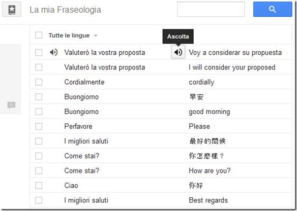 La mia Fraseoloia Google Traduttore