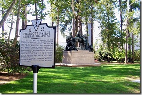 Charlottesville General Hospital marker in front of George Roger Clark sculpture