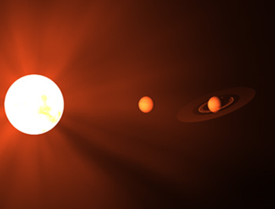 ilustração da estrela anã vermelha Kapteyn e os dois exoplanetas