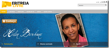 Página inicial do EritreiaLivre.org.br com imagem da cantora Helen Berhane