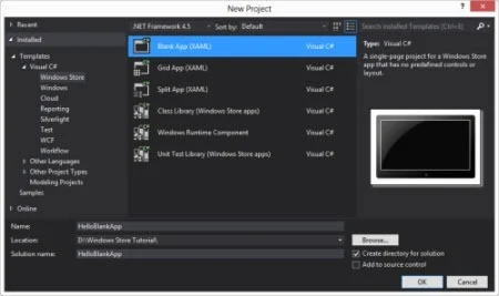 Create a new blank Windows Store application using Visual Studio 2012