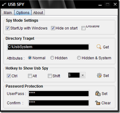 USB SPY opzioni di configurazione