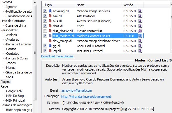 Lista de plugins do miranda.