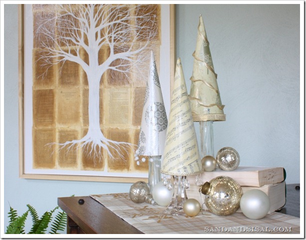 Christmas tree DIY using Michael's paper mâché cones, rope, paint and  beads. Easy!