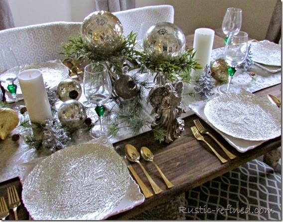 Beautiful Silvery and Gold Christmas Tablescape @ Rustic-refined.com