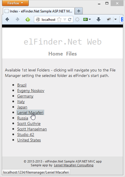 Figure 2 - 1st level folders links allow users to click on them and have the selected folder opened in elFinder’s file manager automagically
