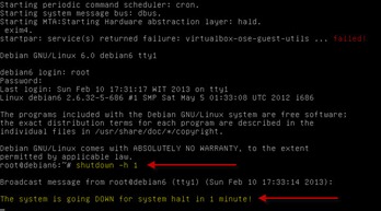 Proses shutdown terjadwal sistem operasi Debian 6.0 sedang berjalan