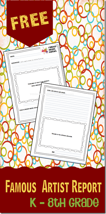 FREE Famous Artist Report Form - simple, NO PREP worksheet to help kids record what they learn about famous artists for homeschool, spring or summer learning in Kindergarten, first grade, 2nd grade, 3rd grade, 4th grade, 5th grade, 6th grade, 7th grade, 8th grade and more. (i.e. Picasso, Monet, Mondrian, Polluck, and more) FREE Famous Artist Report Form - simple, NO PREP worksheet to help kids record what they learn about famous artists for homeschool, spring or summer learning in Kindergarten, first grade, 2nd grade, 3rd grade, 4th grade, 5th grade, 6th grade, 7th grade, 8th grade and more. (i.e. Picasso, Monet, Mondrian, Polluck, and more)