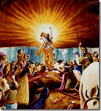 Lord Krishna lifting Govardhana Hill