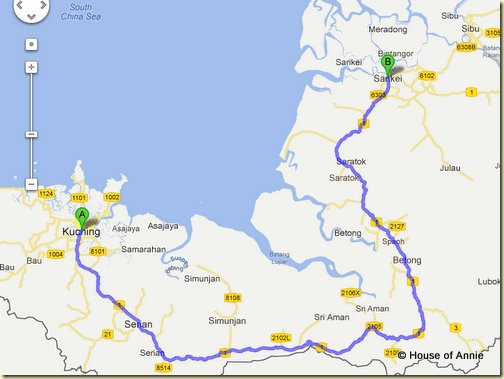 Map from Kuching to Sarikei