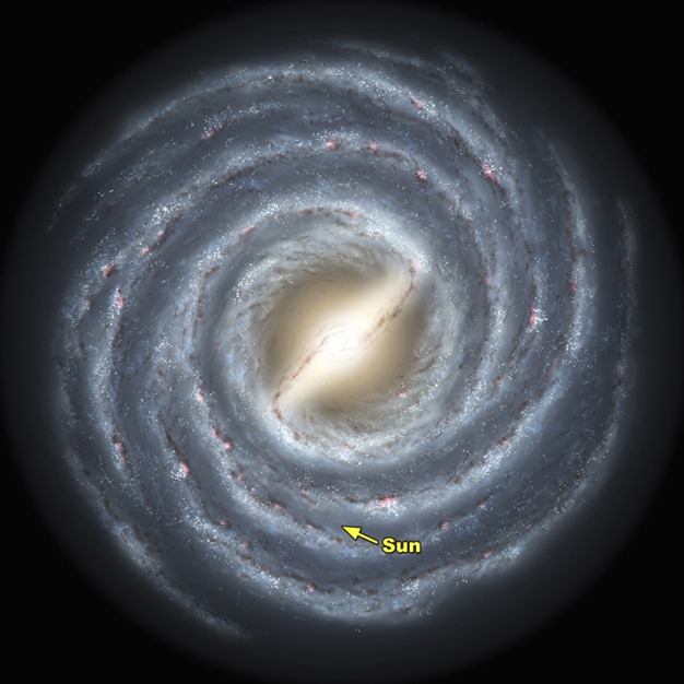 The Milky Way, it turns out, is no ordinary spiral galaxy. According to a massive new survey of stars at the heart of the galaxy by Wisconsin astronomers, including professor of astonomy Edward Churchwell and professor of physics Robert Benjamin, the Milky Way has a definitive bar feature -- some 27,000 light years in length -- that distinguishes it from pedestrian spiral galaxies, as shown in this artist's rendering. The survey, conducted using NASA's Spitzer Space Telescope, sampled light from an estimated 30 million stars in the plane of the galaxy in an effort to build a detailed portrait of the inner regions of the Milky Way.
Used with permission by: UW-Madison University Communications 608-262-0067
Illustration by: NASA/JPL-Caltech/R. Hurt (SSC/Caltech) The Milky Way, it turns out, is no ordinary spiral galaxy. According to a massive new survey of stars at the heart of the galaxy by Wisconsin astronomers, including professor of astonomy Edward Churchwell and professor of physics Robert Benjamin, the Milky Way has a definitive bar feature -- some 27,000 light years in length -- that distinguishes it from pedestrian spiral galaxies, as shown in this artist's rendering. The survey, conducted using NASA's Spitzer Space Telescope, sampled light from an estimated 30 million stars in the plane of the galaxy in an effort to build a detailed portrait of the inner regions of the Milky Way.
Used with permission by: UW-Madison University Communications 608-262-0067
Illustration by: NASA/JPL-Caltech/R. Hurt (SSC/Caltech)