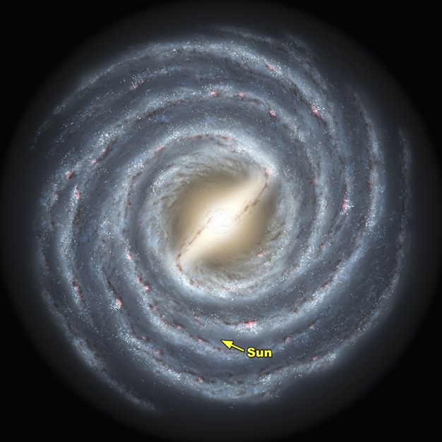 The Milky Way, it turns out, is no ordinary spiral galaxy. According to a massive new survey of stars at the heart of the galaxy by Wisconsin astronomers, including professor of astonomy Edward Churchwell and professor of physics Robert Benjamin, the Milky Way has a definitive bar feature -- some 27,000 light years in length -- that distinguishes it from pedestrian spiral galaxies, as shown in this artist's rendering. The survey, conducted using NASA's Spitzer Space Telescope, sampled light from an estimated 30 million stars in the plane of the galaxy in an effort to build a detailed portrait of the inner regions of the Milky Way.
Used with permission by:  UW-Madison University Communications 608-262-0067
Illustration by: NASA/JPL-Caltech/R. Hurt (SSC/Caltech)