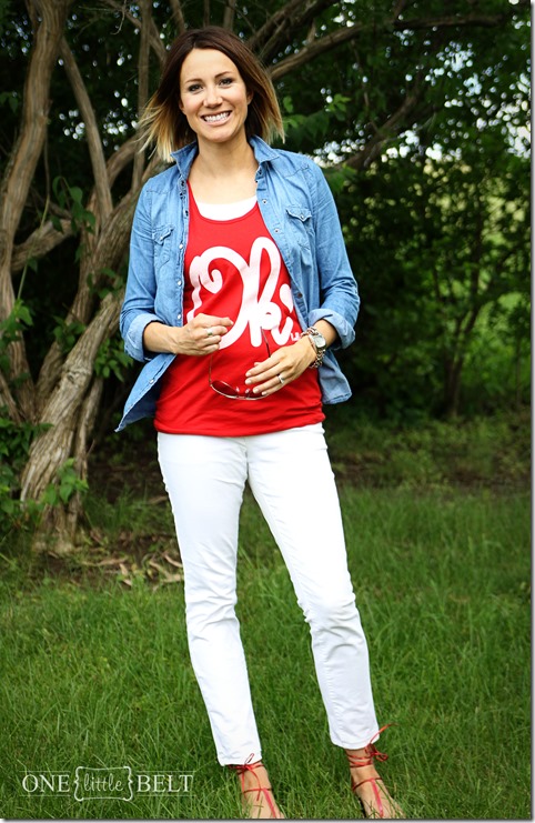 Hello tank, chambray shirt, white jeans