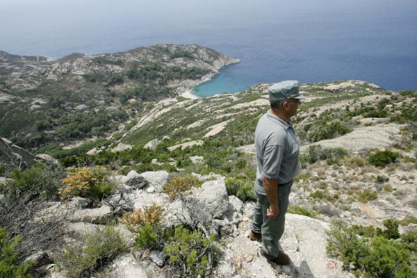 Un travailleur forestier italienne montres de la côte d'une colline sur la célèbre île de Montecristo