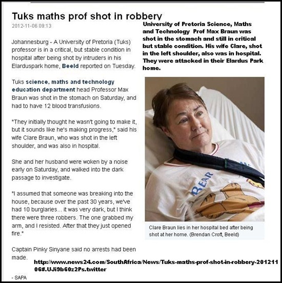 BRAUN Clare Pretoria News and Prof Max husband attacked injured ELARDUS PARK HOME