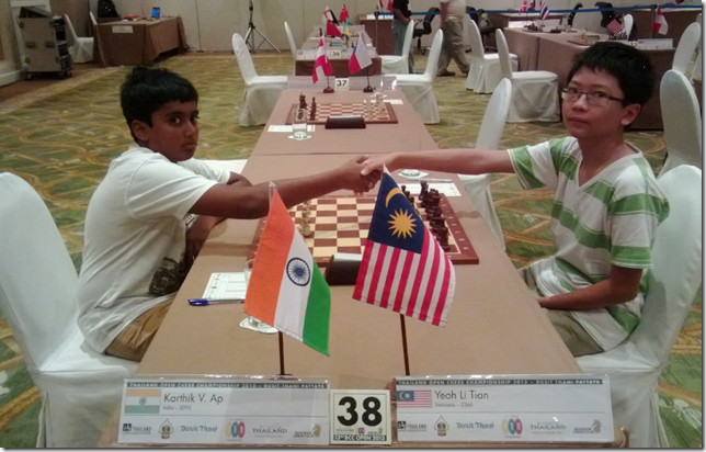 V Karthik, India vs Yeoh Li Tian, Malaysia, round 6, BCC2013, Thailand