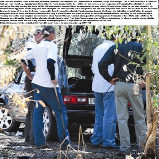 Nienaber Sakkie murdered dumped in his car Oct72011 Bloemfontein