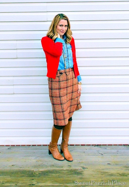 plaid tweed skirt, denim shirt, red cardigan and tall boots3
