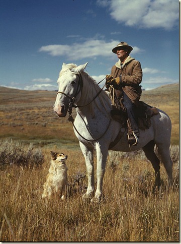 man, horse and dog, 1942 by Russelll Lee