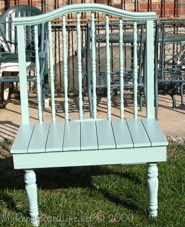 upcycled crib into a green bench