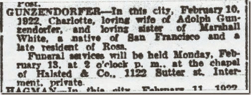 Charlotte White Gunzendorfer Obit SF Chronicle 13 Feb 1922