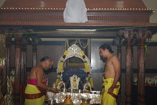 Thiruvaradana is being performed for the primary deities Sri Yagna Varahaswamy(center), Sri Lakshmi Narasimhaswamy(left) and Sri Lakshmi Hayagrivaswamy(right). Archaka swamys are from Yadagiri Gutta near Hyderabad.