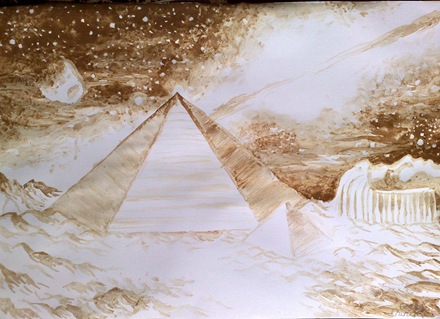 Piramidele si fata din zona Cydonia de pe Marte pictura facuta cu cafea - Coffee painting of the pyramids and face on mars