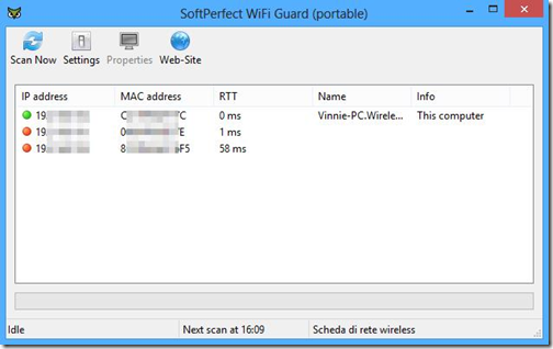 SoftPerfect WiFi Guard risultati scansione rete wi-fi