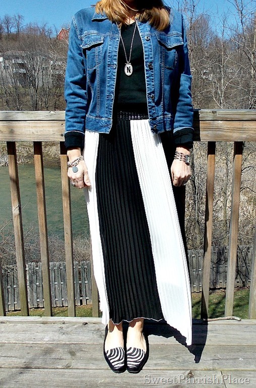 black and white striped maxi skirt, black shirt, Denim jacket, zebra flats2