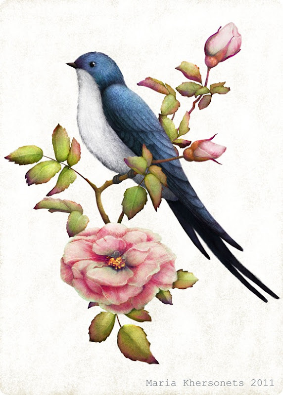 a swallow on a branch of wild rose by Maria Khersonets 5-7 inch