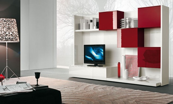 Mueble de TV rojo, blanco y negro