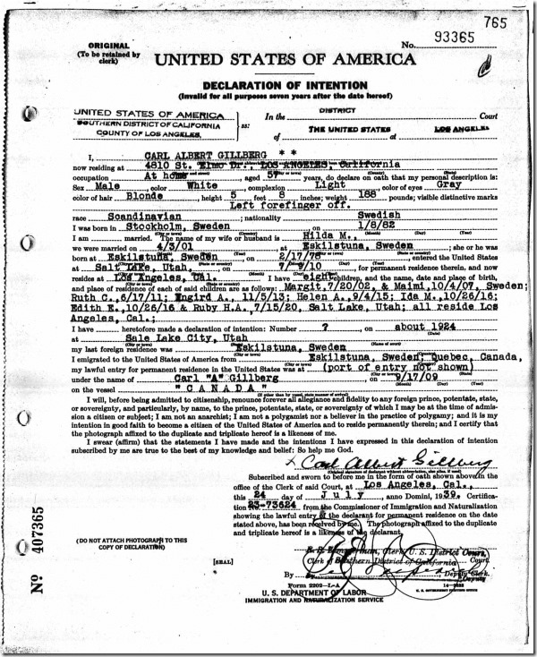 Carl Albert Gilberg Declaration of Intention 1939 Carl Albert Gilberg Declaration of Intention 1939