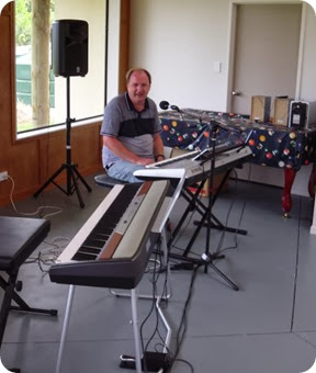 Our host, Dave Winslade, sound checking his Yamaha Tyros 4 during set-up at the Community Hall.