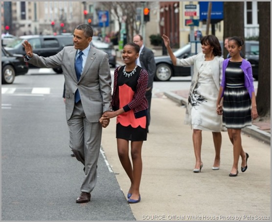 President Barack Obama and First Lady Michelle Obama walk with their daughters Sasha and Malia (R) to attend Easter service at St. John's Church in Washington, D.C., Sunday, March 31, 2013.