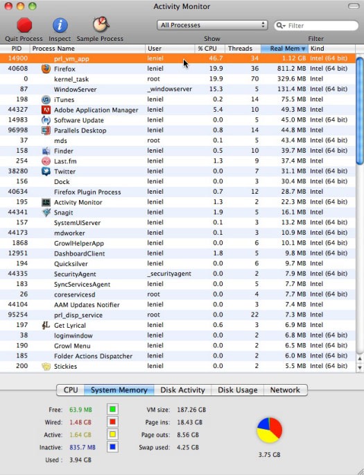 Mac OS Activity Monitor  ( before memory upgrade )
