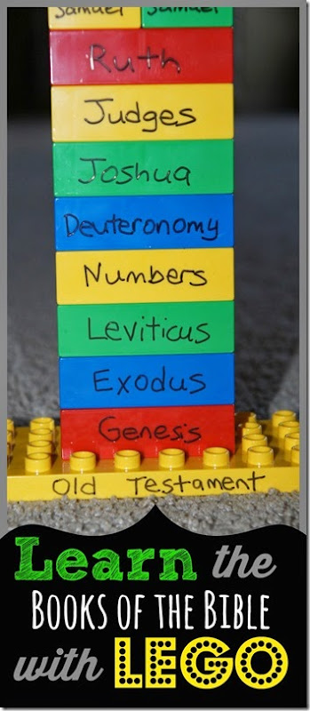 LOVE THIS! Learn the Books of the Bible using Lego Duplo blocks. (this works for learning the alphabet too)  LOVE the tips for learning middle of the Bible and 1st & 2nd books! Great for Sunday School classes or at homes too.