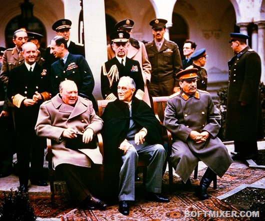 British Prime Minister Winston Churchill (sitting l-r), US President Franklin D. Roosevelt, and Soviet dictator Josepf Stalin have met from 4 to 11 February 1945 for a conference in Yalta.